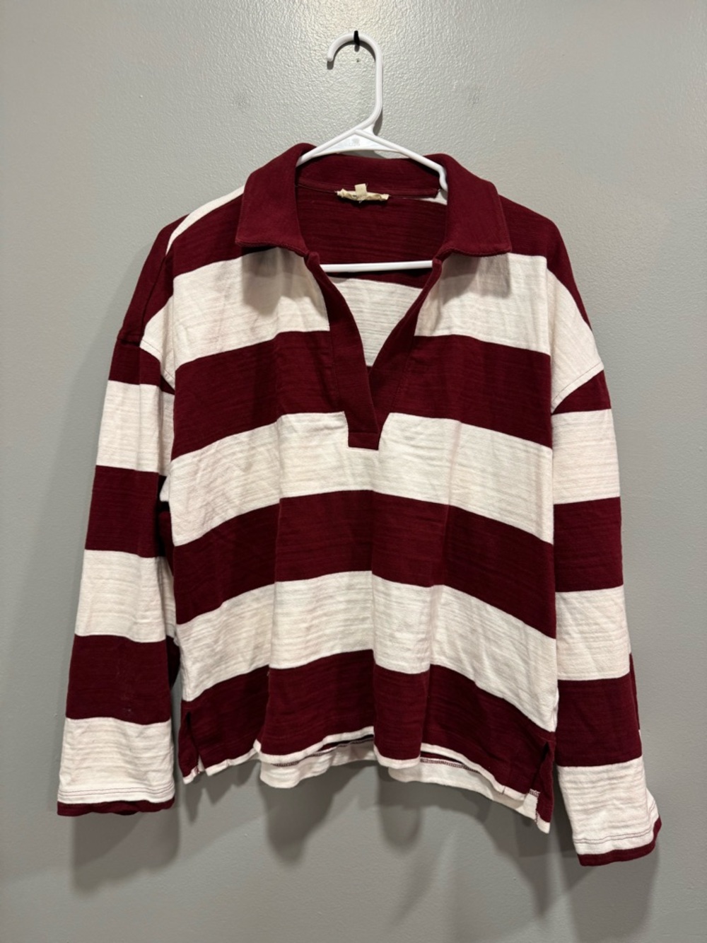 Madewell Stripe Long Sleeve Rugby Shirt in Maroon and White Size Large - Picture 1 of 5